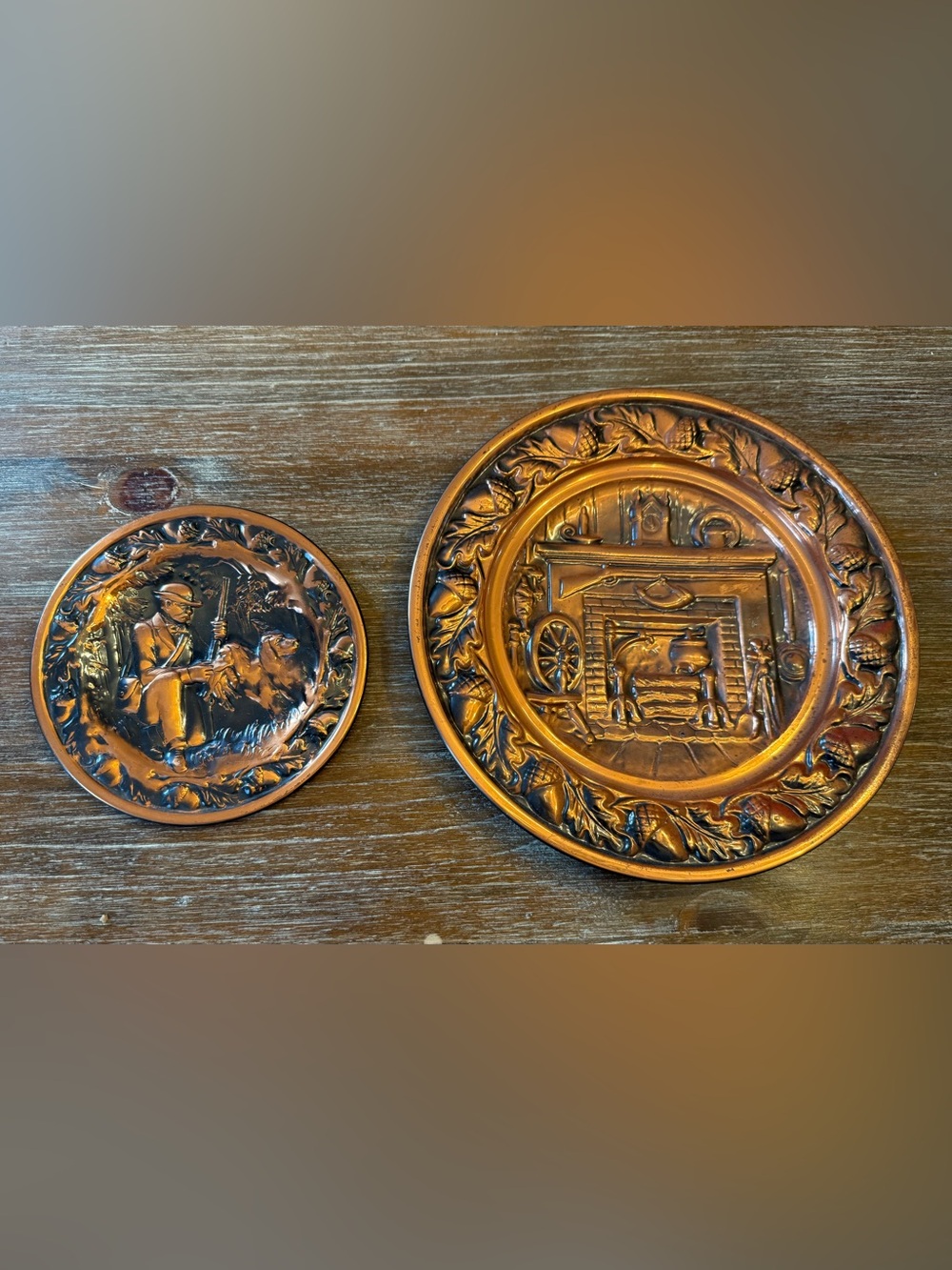 COPPER PLATE SET, HUNTER W. DOG & FIREPLACE HEARTH